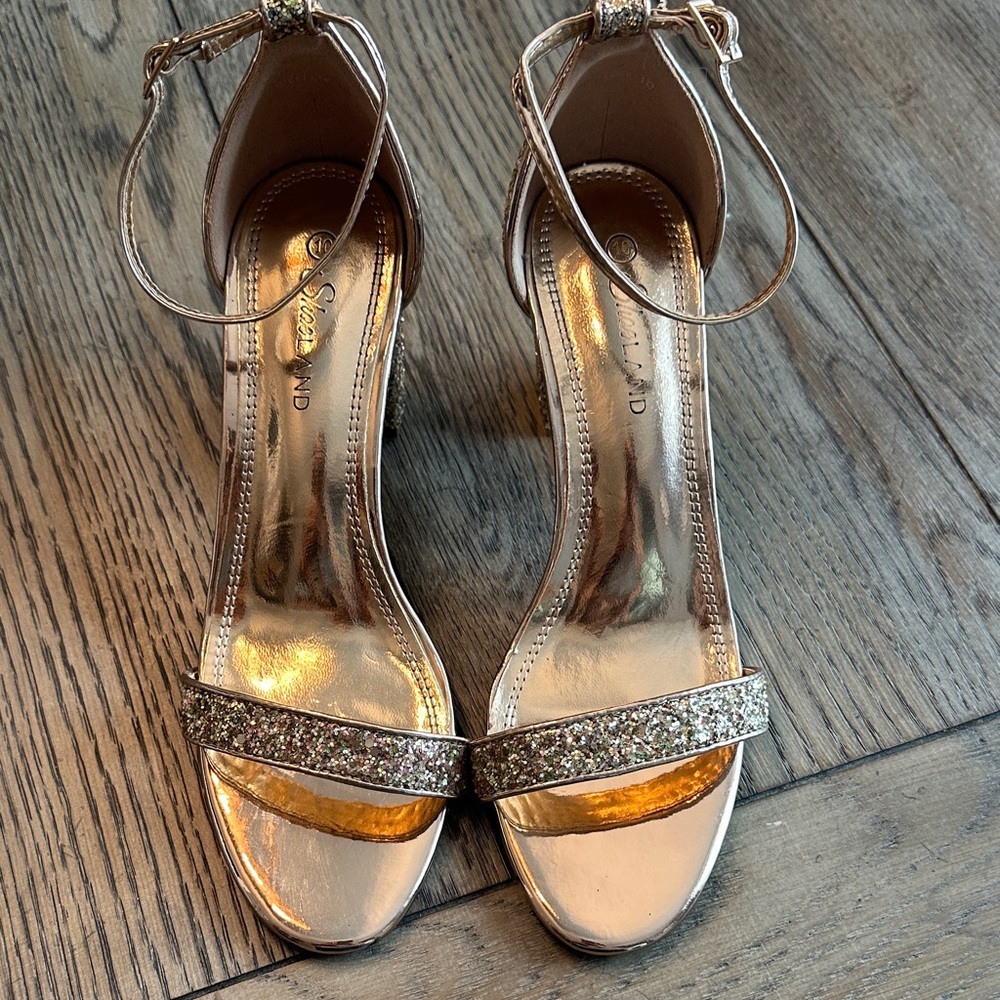 Shoe Land Gold Glitter Block Heels – Ankle Strap Chunky Evening Sandals